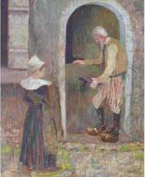 Breton Et Bretonne Devant La Porte Oil Painting by Henri Delavallee