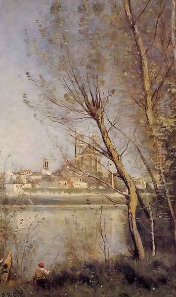 Mantes, View of the Cathedral and Town through the Trees, c.1865-70 Oil Painting by Jean-Baptiste-Camille Corot