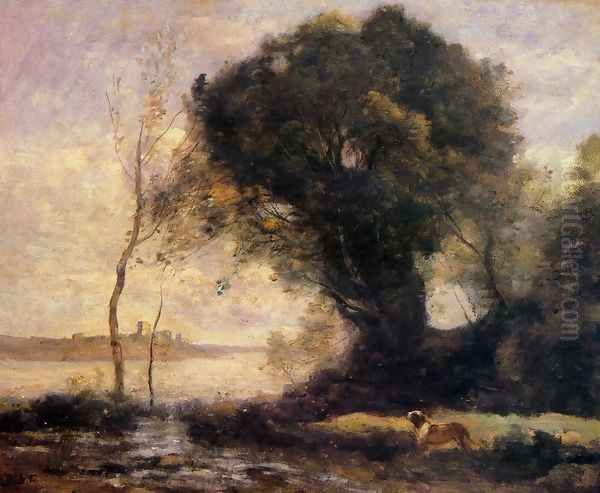 Pond with Dog Oil Painting by Jean-Baptiste-Camille Corot