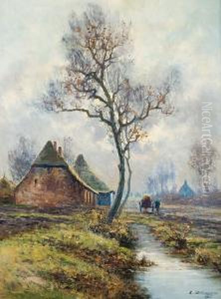 Paysage A La Ferme Et A La Charrette Oil Painting by Leon Delderenne