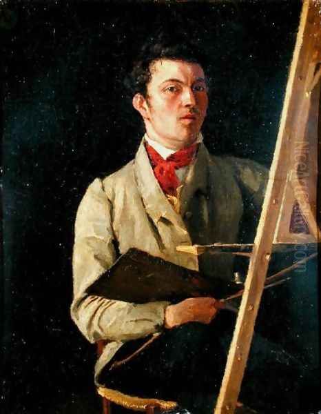 Self Portrait, Sitting next to an Easel, 1825 Oil Painting by Jean-Baptiste-Camille Corot