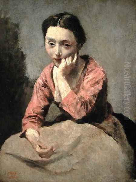 Woman in a Pink Blouse Oil Painting by Jean-Baptiste-Camille Corot