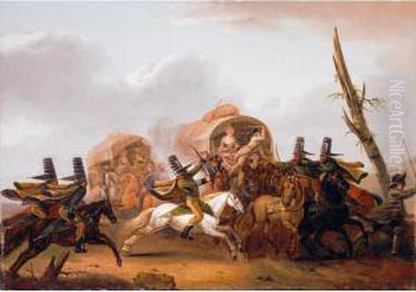 A Caravan Attacked By The Cavalry Oil Painting by Nicolas Louis Albert Delerive