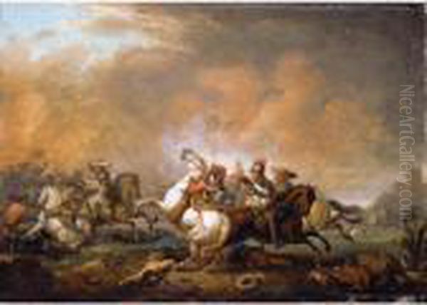 A Cavalry Skirmish Oil Painting by Nicolas Louis Albert Delerive