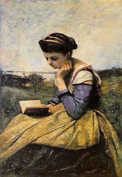 Woman Reading in a Landscape Oil Painting by Jean-Baptiste-Camille Corot