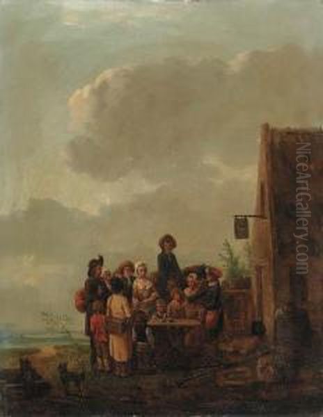 A Juggler By A Village; And A Conjuror Outside An Inn Oil Painting by Nicolas Louis Albert Delerive