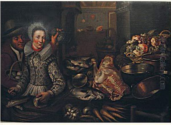 Couple Dans Une Cuisine Avec 
Nature Morte De Fruits, Poissons, Viande, Legumes Et Ustensiles De 
Cuisine Oil Painting by Cornelis Jacobsz Delff