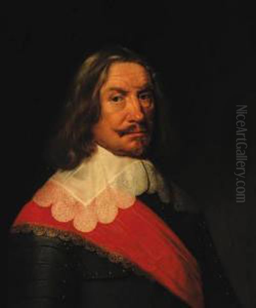 Portrait Of A Military 
Commander, Half-length, In Armour With A Redsash And A Lace Collar Oil Painting by Jacob Willemsz II Delff