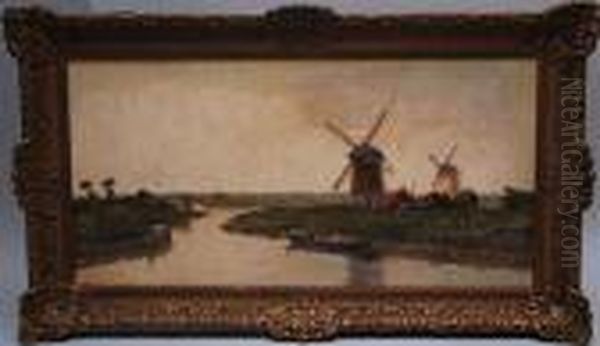 A Windmill On The Bank Of The River by Gerardus Johannes Delfgaauw