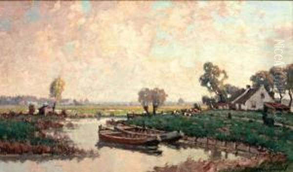 Polderlandschap Met Boerderij Langs Sloot Oil Painting by Gerardus Johannes Delfgaauw