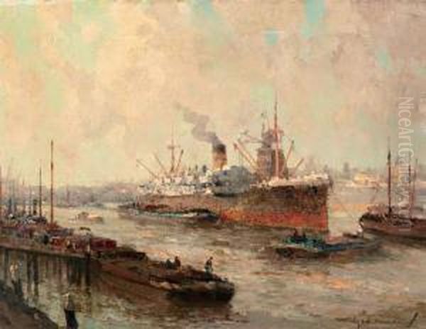 Rijnhaven Oil Painting by Gerardus Johannes Delfgaauw