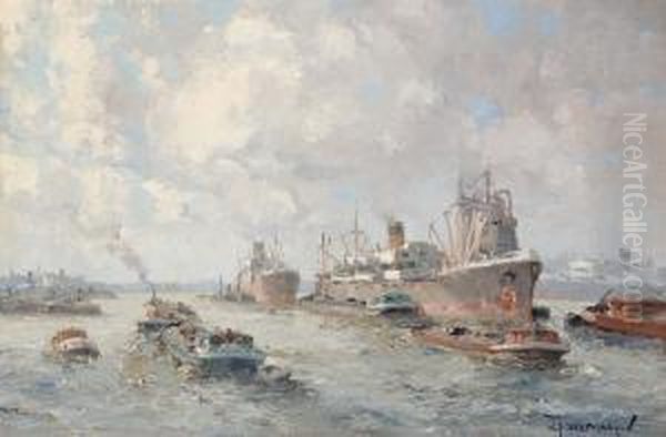 Hustle And Bustle In The Rotterdam Port Oil Painting by Gerardus Johannes Delfgaauw