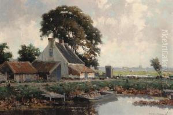 View Of A Farm By The Water Oil Painting by Gerardus Johannes Delfgaauw