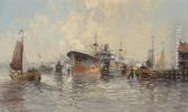 Ships In The Rotterdam Harbour Oil Painting by Gerardus Johannes Delfgaauw