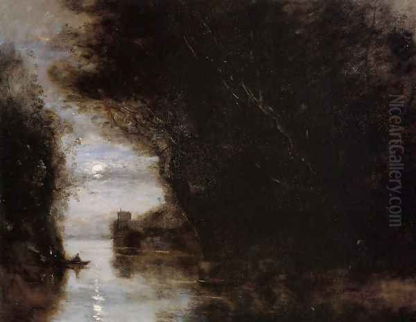 Moonlit Landscape Oil Painting by Jean-Baptiste-Camille Corot