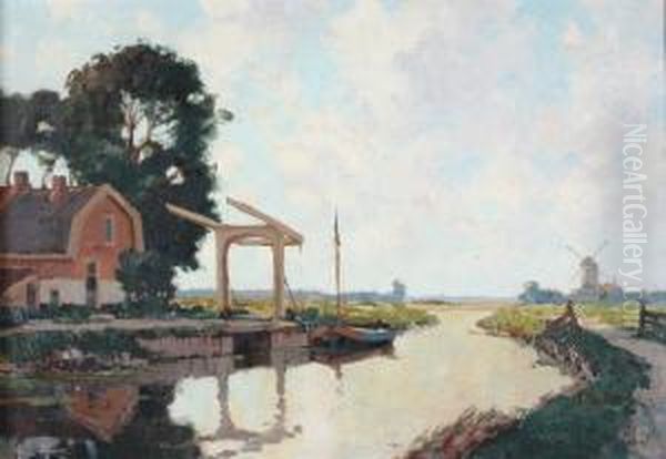 Canal, At The Lefta Farmhouse And A Drawbridge, A Windmill At The Horizon Oil Painting by Gerardus Johannes Delfgaauw