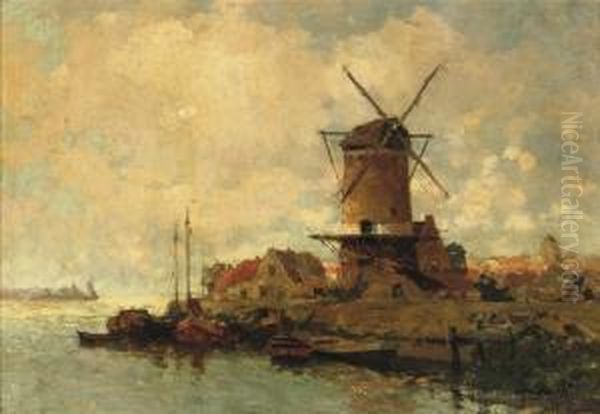 Langs De Merwede: A Windmill On The Bank Of The River Merwede Oil Painting by Gerardus Johannes Delfgaauw