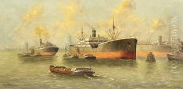 Ships In The Harbour Of Rotterdam Oil Painting by Gerardus Johannes Delfgaauw