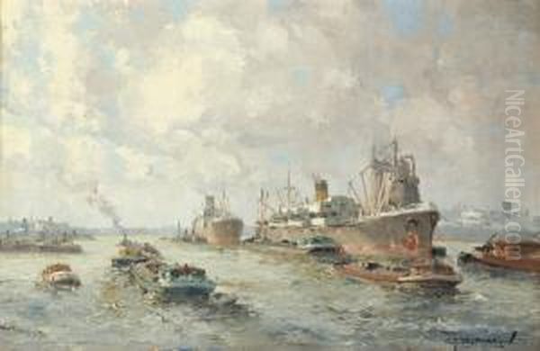 Activity In The Harbour Of Rotterdam Oil Painting by Gerardus Johannes Delfgaauw