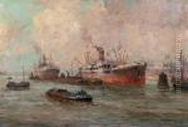 Zeehaven Oil Painting by Gerardus Johannes Delfgaauw