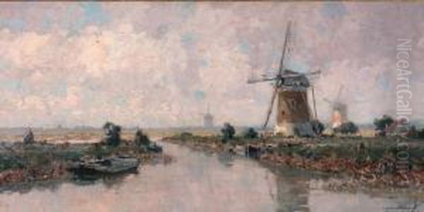 Molens In De Alblasserwaard Oil Painting by Gerardus Johannes Delfgaauw