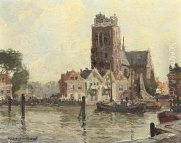 A Summer's Day With The Grote Kerk Beyond, Dordrecht Oil Painting by Gerardus Johannes Delfgaauw