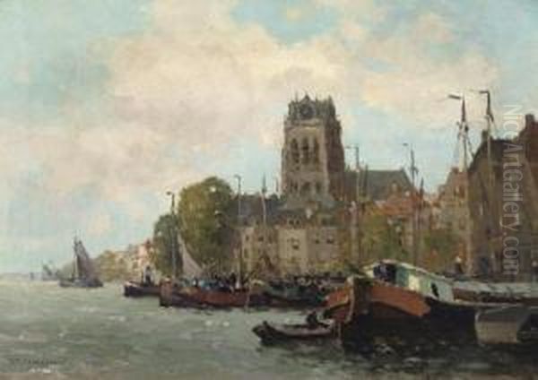 A View Of Dordrecht Harbour With The Grote Kerk by Gerardus Johannes Delfgaauw