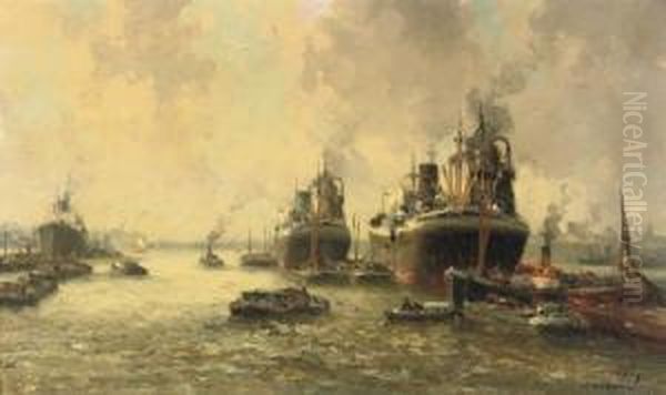 Steamers Arriving At The Port Of Rotterdam Oil Painting by Gerardus Johannes Delfgaauw