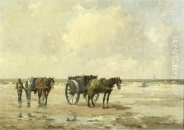 Seaweed Gatherers On The Beach Oil Painting by Gerardus Johannes Delfgaauw