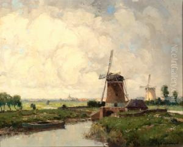 Mills Along A Canal Oil Painting by Gerardus Johannes Delfgaauw