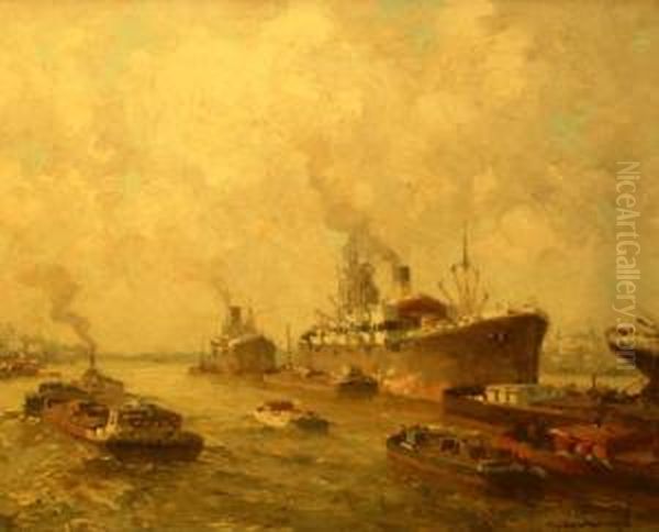 Havengezicht. Gesigneerd Oil Painting by Gerardus Johannes Delfgaauw