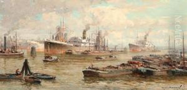 Ships In The Rotterdam Harbour Oil Painting by Gerardus Johannes Delfgaauw