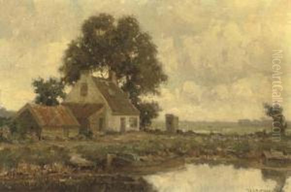 Bij Voorschoten: A White Farmhouse Oil Painting by Gerardus Johannes Delfgaauw