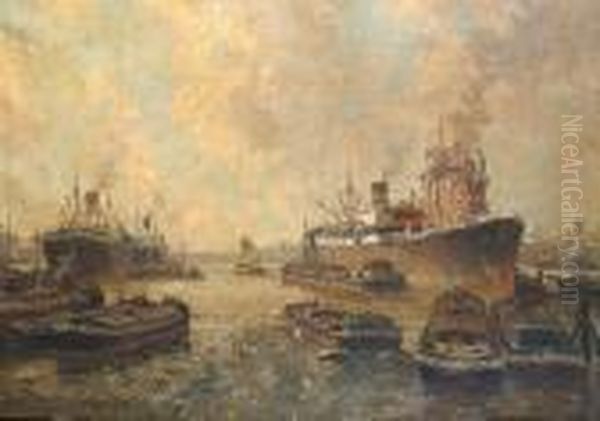 Cargo Ships, Thought To Be At Rotterdam Harbour. Oil Painting by Gerardus Johannes Delfgaauw