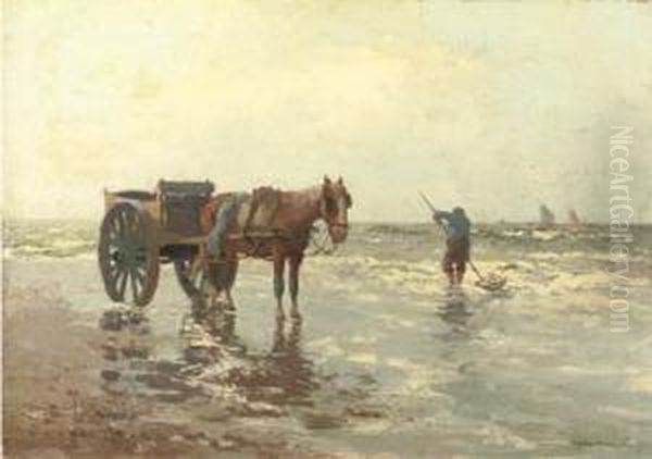 Shellfisher On The Beach Oil Painting by Gerardus Johannes Delfgaauw