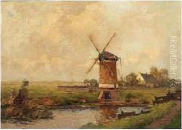 A Polder Landscape With Windmill by Gerardus Johannes Delfgaauw