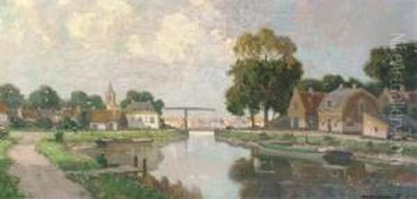 A View On A Dutch Town, Possibly Monster Oil Painting by Gerardus Johannes Delfgaauw