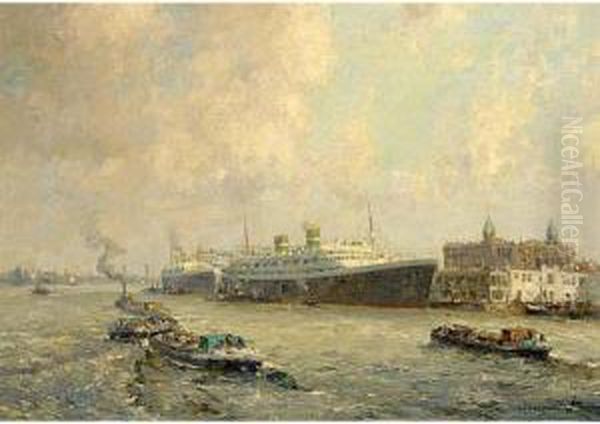 A View Of Rotterdam With The Holland America Line Oil Painting by Gerardus Johannes Delfgaauw