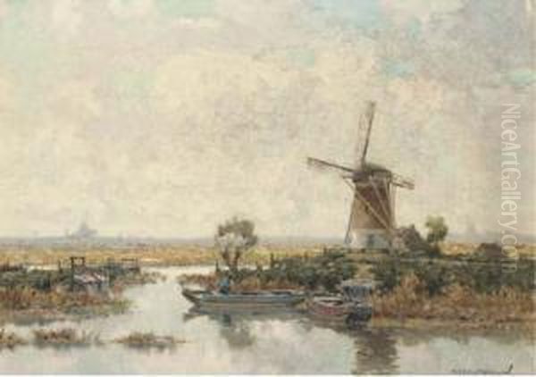 Bij Voorschoten: Windmill In A Polder Landscape Oil Painting by Gerardus Johannes Delfgaauw