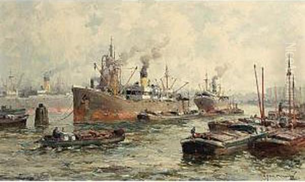 Ships In The Rotterdam Harbour Oil Painting by Gerardus Johannes Delfgaauw