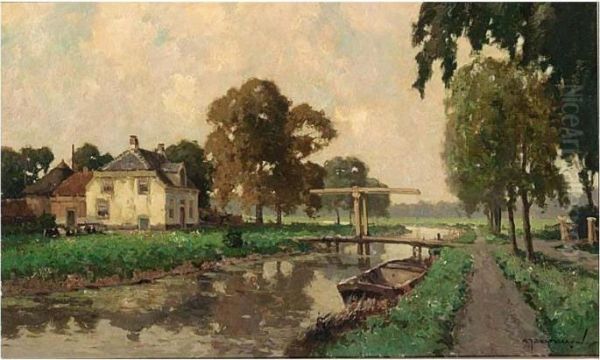 A Polder Landscape With A Draw-bridge Oil Painting by Gerardus Johannes Delfgaauw