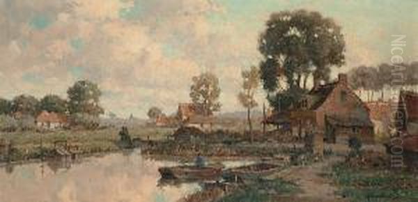 A Dutch Village At Sunset, A Figure On A Boat In The Foreground Oil Painting by Gerardus Johannes Delfgaauw