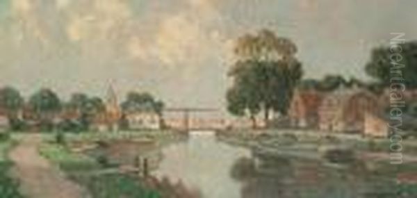 A Dutch Town On A River, A Bridge Beyond Oil Painting by Gerardus Johannes Delfgaauw