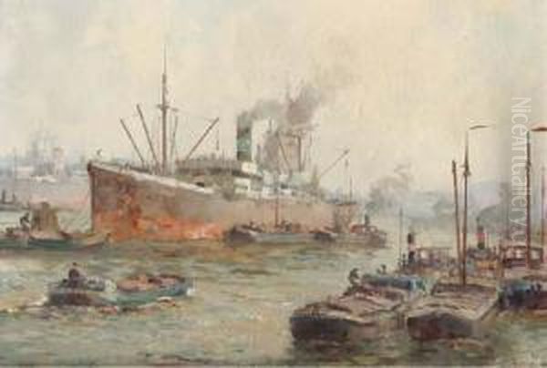 A Cargoship In The Harbour, Rotterdam Oil Painting by Gerardus Johannes Delfgaauw