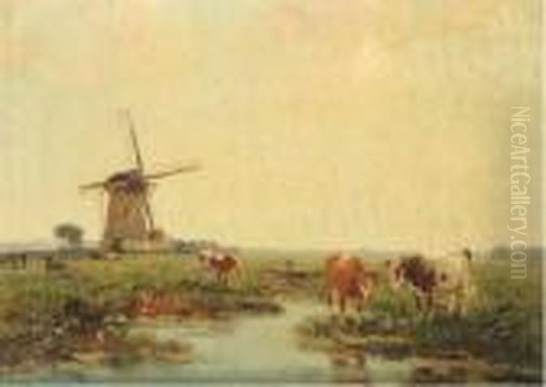 Watering Cows By A Windmill Oil Painting by Gerardus Johannes Delfgaauw