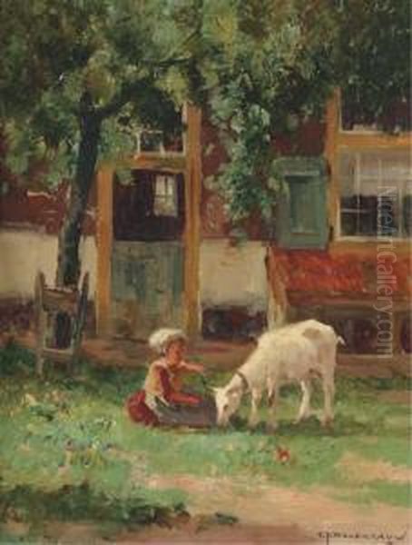 Feeding The Goat Oil Painting by Gerardus Johannes Delfgaauw