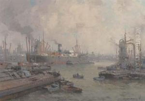 Daily Activities At The Harbour Of Rotterdam Oil Painting by Gerardus Johannes Delfgaauw