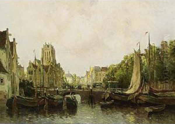 A View Of Dordrecht Oil Painting by Gerardus Johannes Delfgaauw