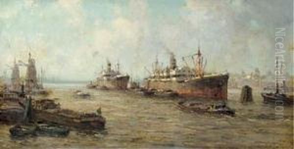 Rotterdam Harbor Oil Painting by Gerardus Johannes Delfgaauw