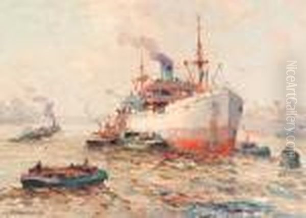 A Cargo-ship In Rotterdam Harbour Oil Painting by Gerardus Johannes Delfgaauw